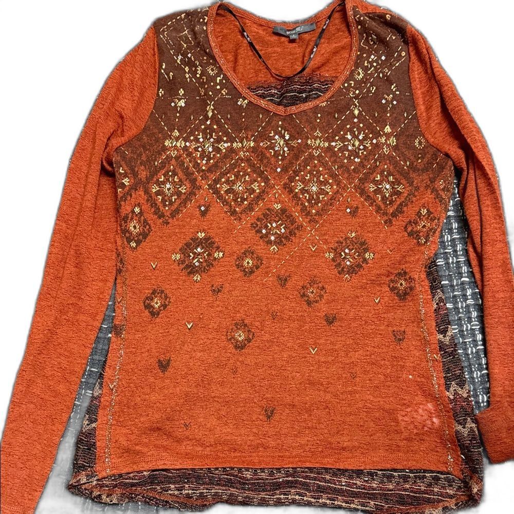 Miss Me Burnt Orange Knit Top with Gold Accents